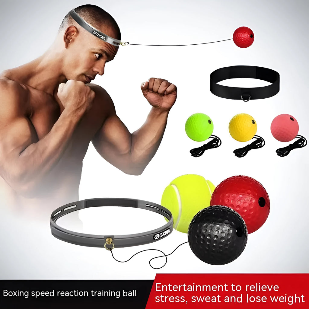 Head-mounted boxing reaction training ball set with adjustable headbands and multiple coloured balls including red PU, black PU, and fluorescent green.