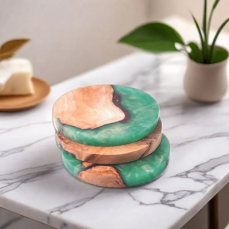 Solid hardwood kung fu tea coaster with heat insulation resin splicing in round tumour green colour