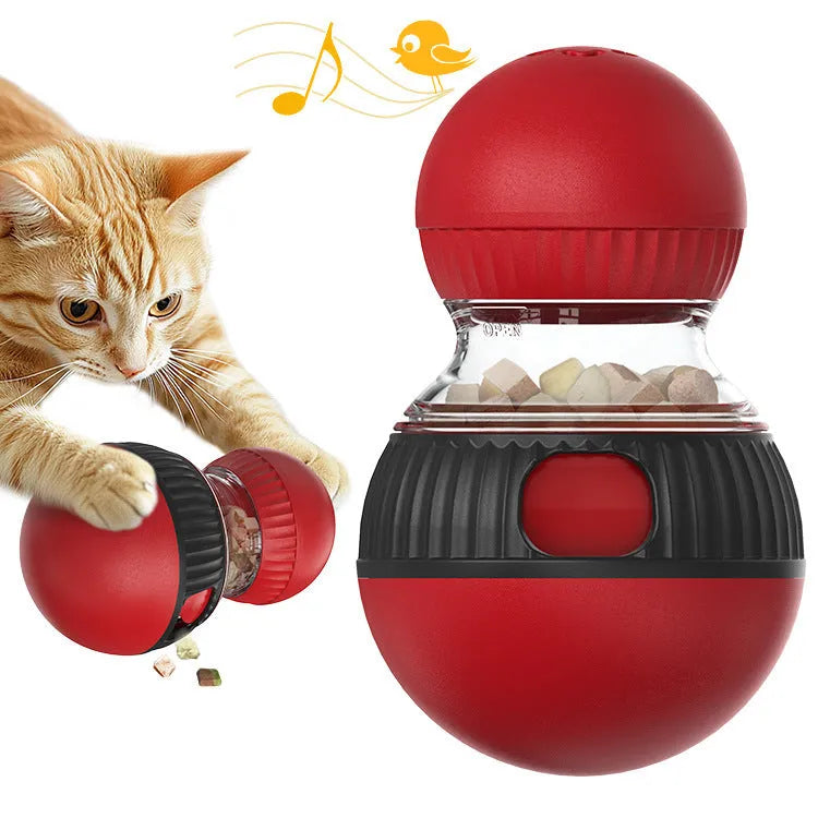 Plastic rotating cat toy in super ball colour that makes sounds and drops food