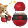 Plastic rotating cat toy in super ball colour that makes sounds and drops food