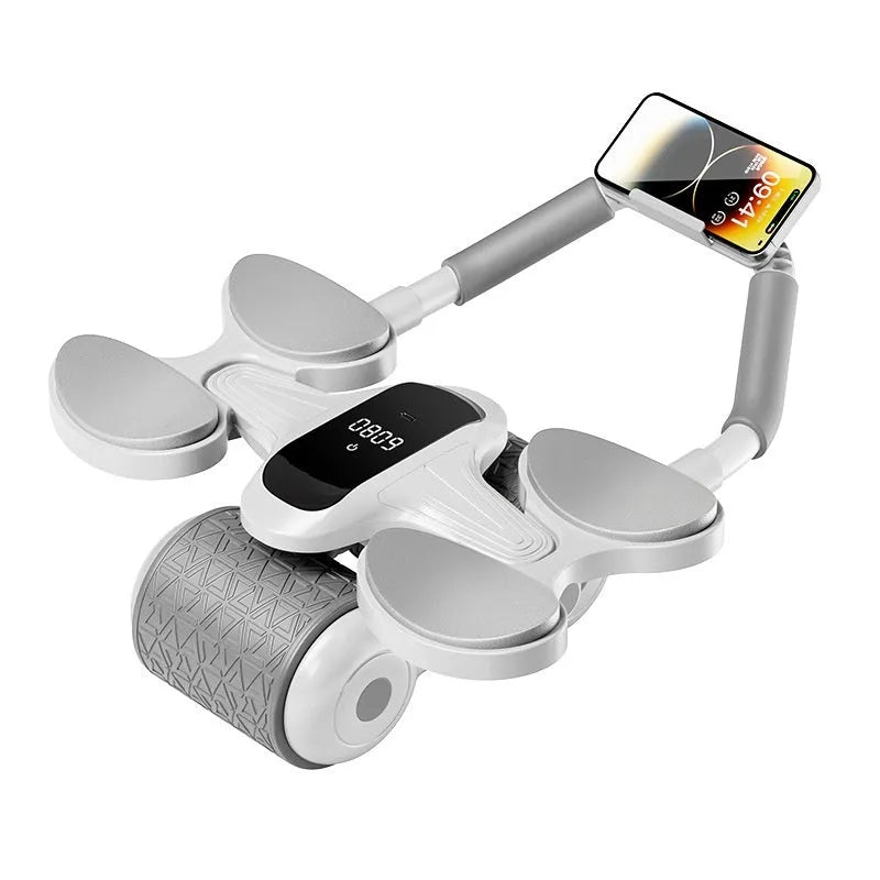 White abdominal fitness roller with LED timing display for home and gym use