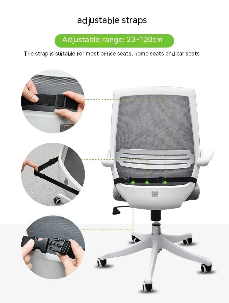 Memory foam car and office chair cushion with fixed attachment strap in regular size