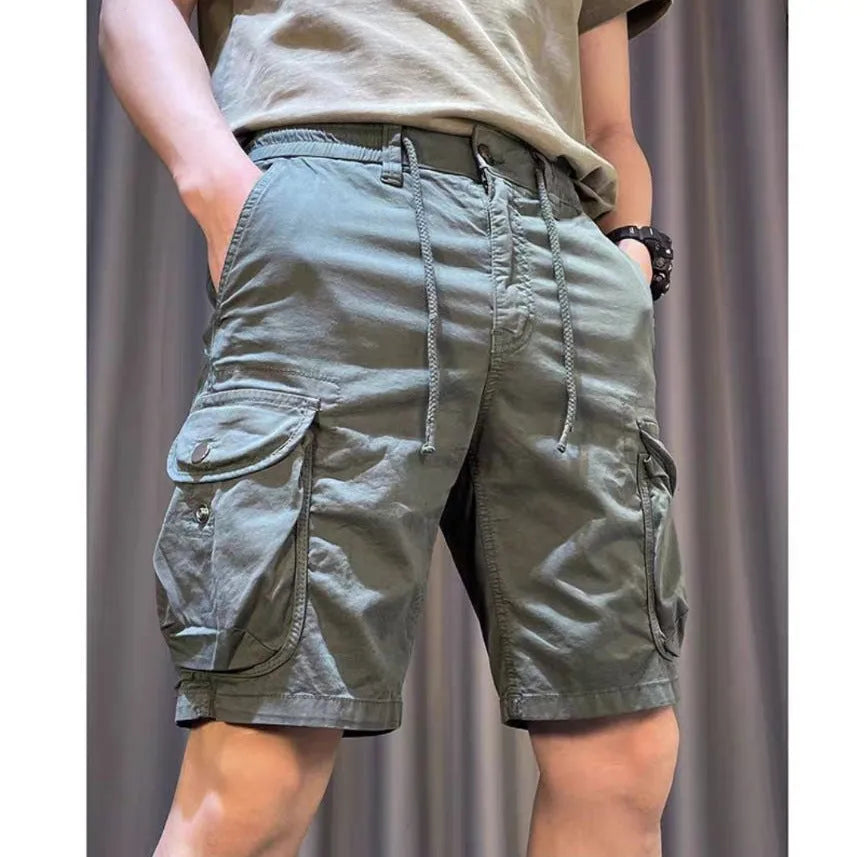 Korean-style loose straight overalls trousers with multiple pockets in micro-elastic polyester fabric