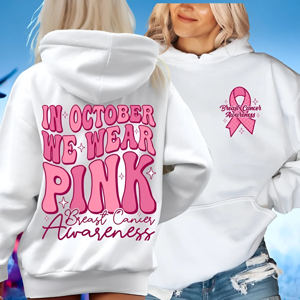 Breast Cancer Awareness pullover hoodie with retro art print and side seam pocket