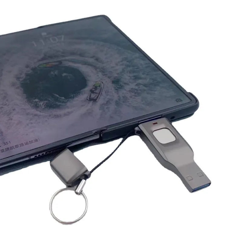 Black fingerprint encrypted USB flash drive showing both USB and USB-C connectors