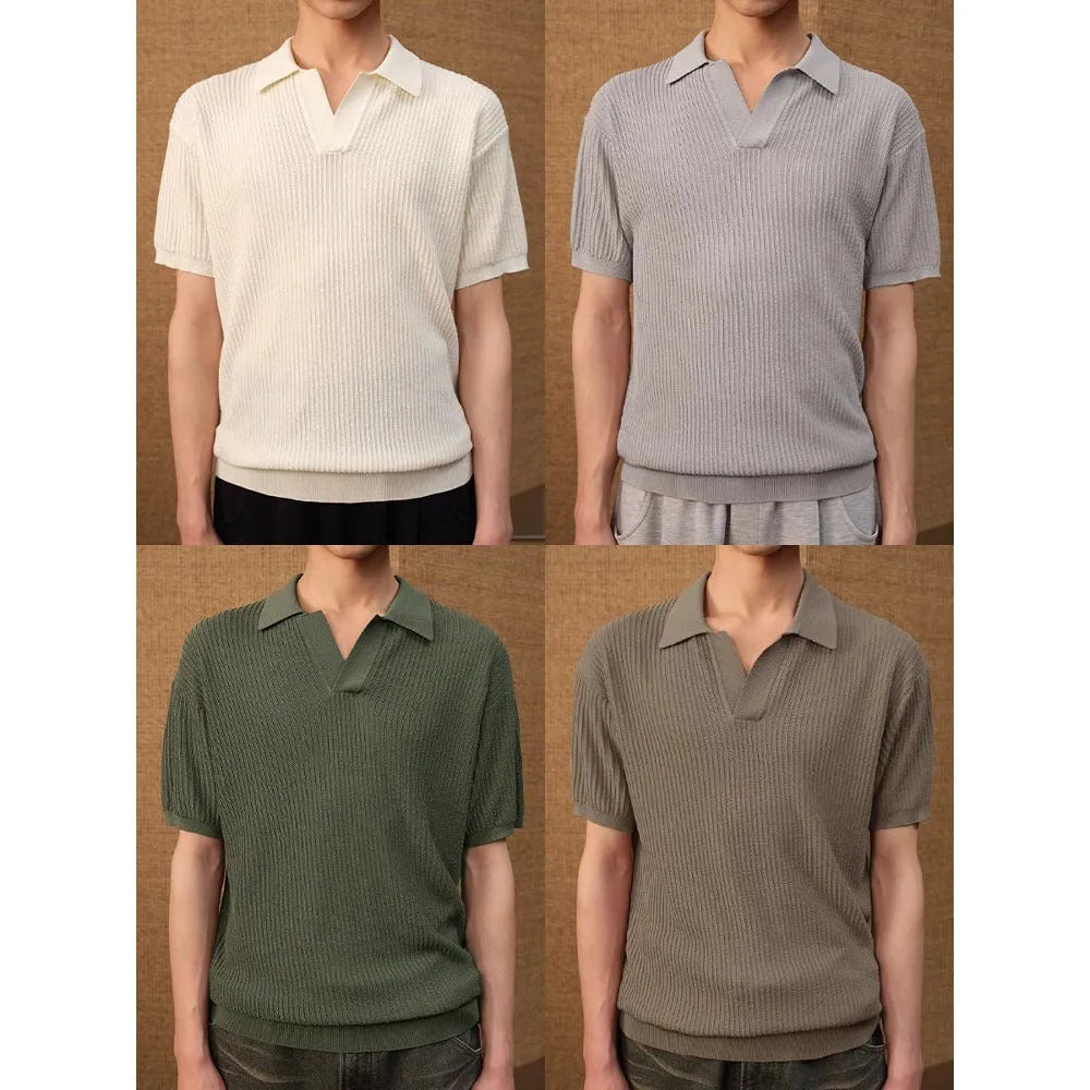 Man wearing a creamy-white loose-fit polo shirt with a striped collar, short sleeves, for summer business casual wear.