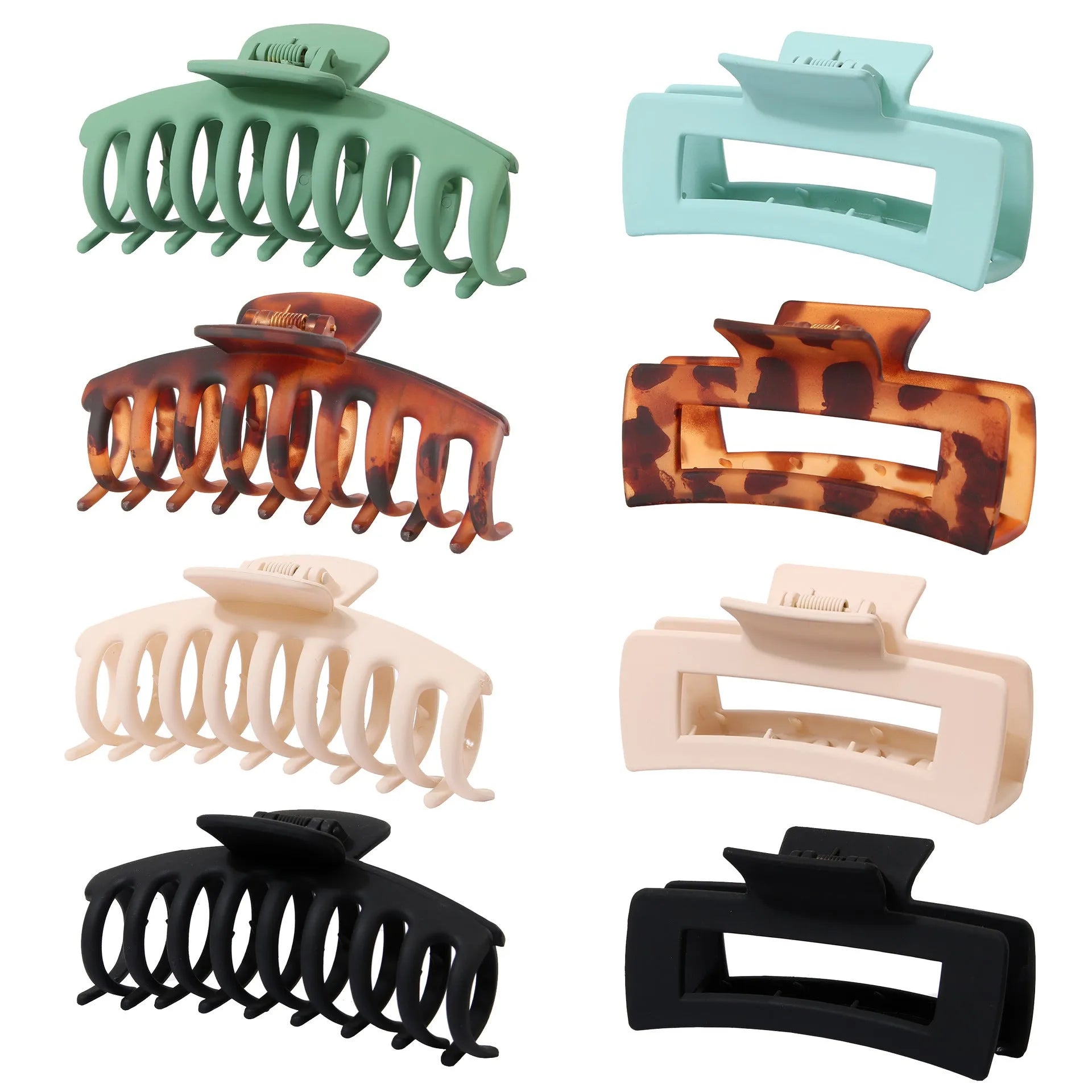 Six Rose Red plastic hair clips with a quadrilateral shape and frosted grip, laid out on a surface.