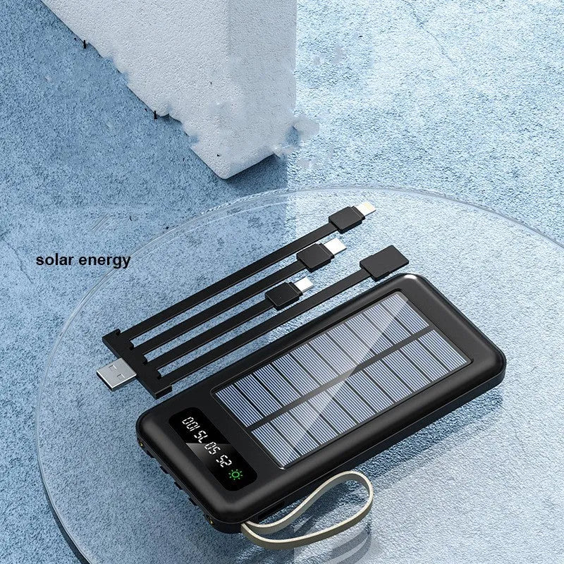 Solar power bank in black or white showing solar panel and compact rectangular design with capacity options