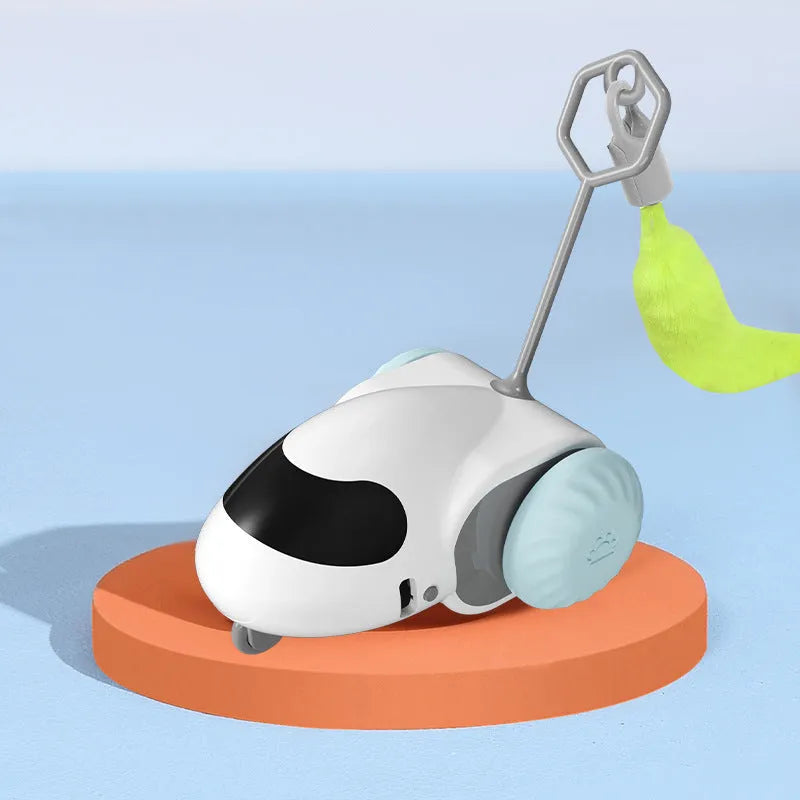 Intelligent running car cat toy in Light Gray Blue on a light floor, 80g ABS electric toy