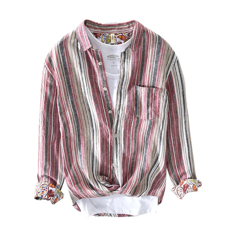 Men's striped linen casual shirt with long sleeves in loose fit for spring summer wear