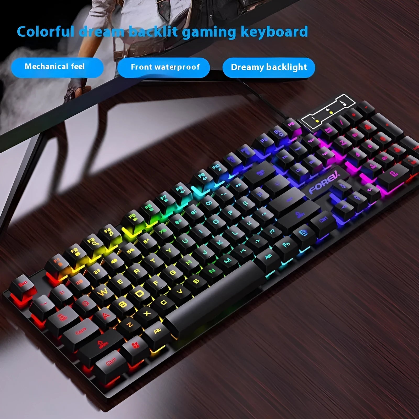 Black backlit 104-key portable gaming keyboard with ABS construction and 1.5 metre USB cable