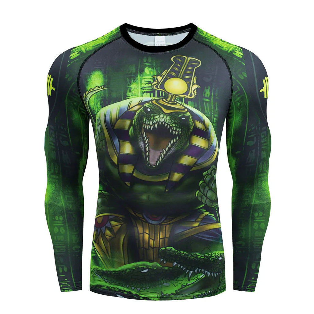 Grey printed men's slim-fit long sleeve sports top and matching trousers set for gym and running.