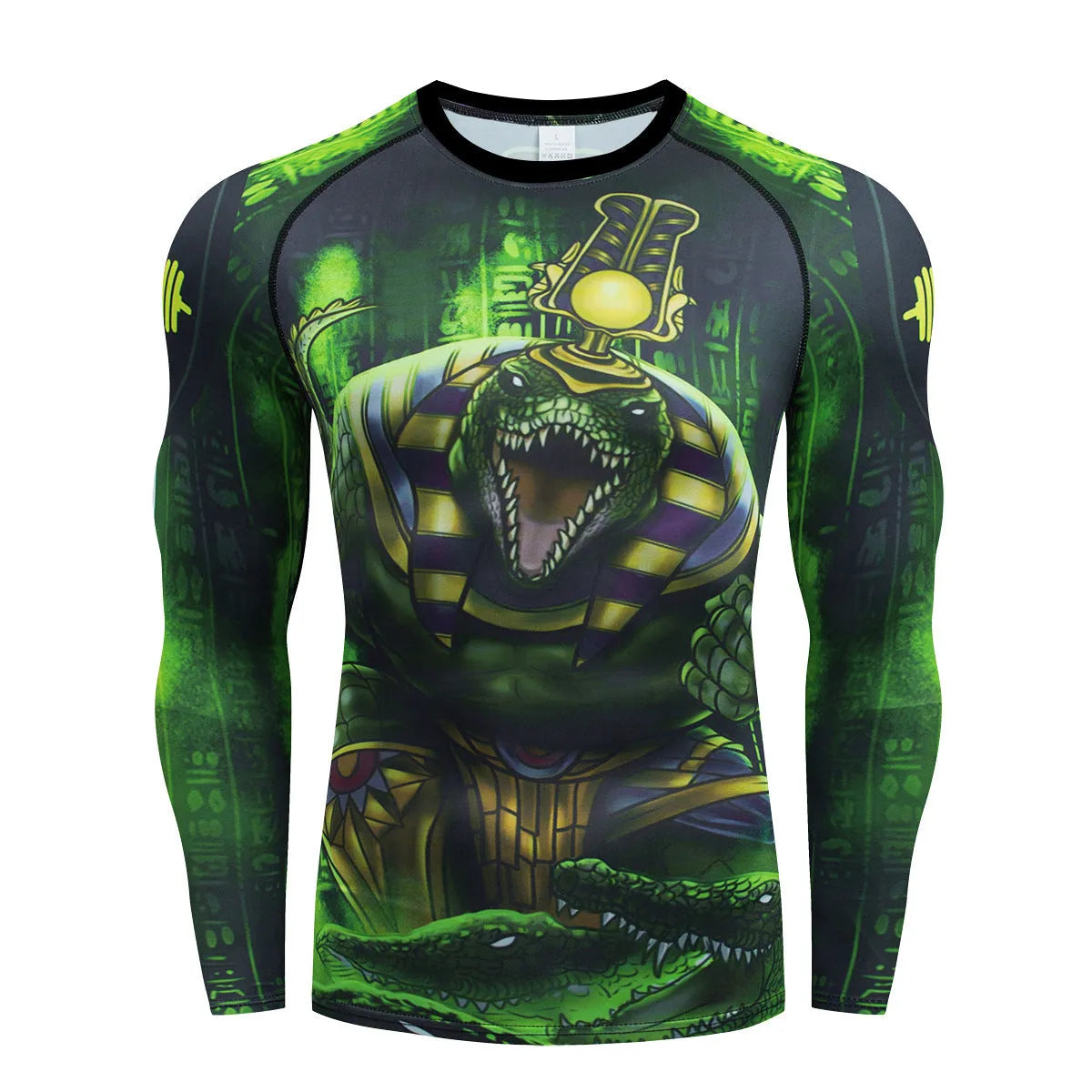 Grey printed men's slim-fit long sleeve sports top and matching trousers set for gym and running.