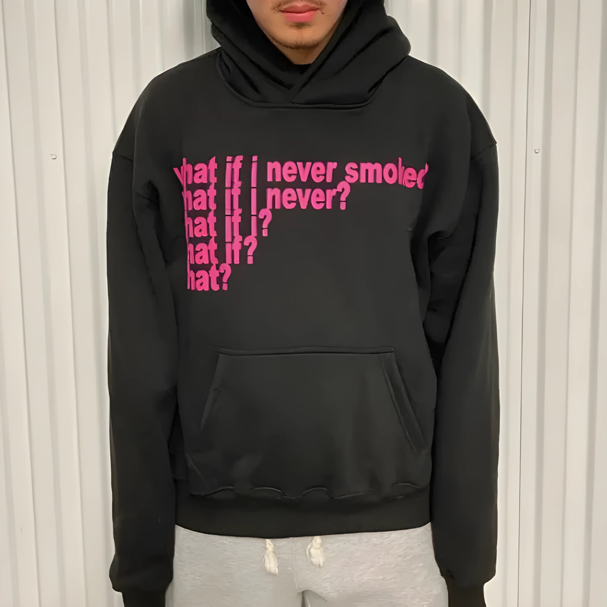 Letter print heavy hooded sweater pullover in Black and Heather Gray front view