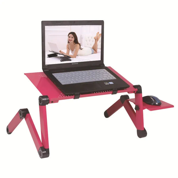 Black folding metal laptop desk with cooling fan, extended to 480mm length with attached mouse board.
