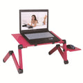 Black folding metal laptop desk with cooling fan, extended to 480mm length with attached mouse board.