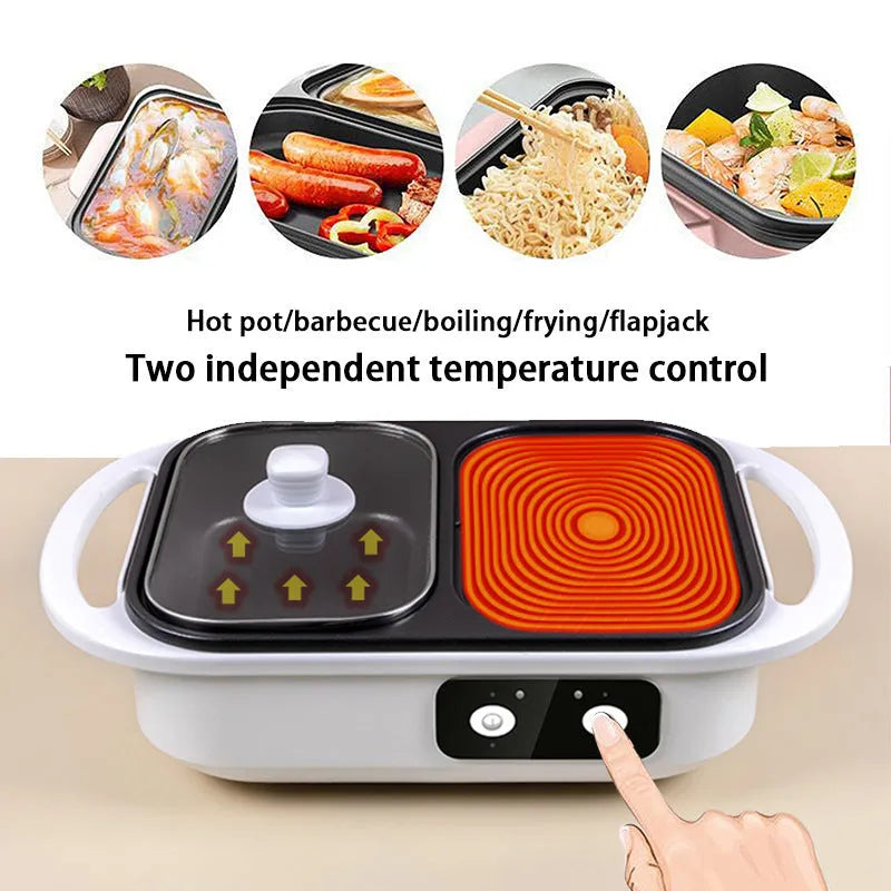 White or green household electric hot pot and frying cauldron oven with mechanical dials, 390mm wide.