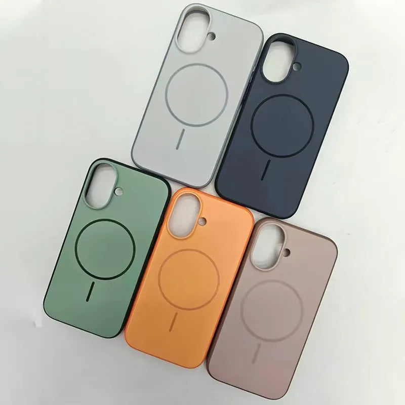 Frosted blue magnetic protective case for iPhone 16 and iPhone 17 models on a table.