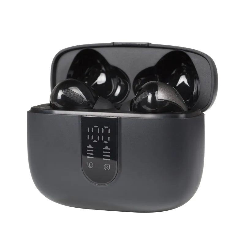 Jerry X08 wireless Bluetooth earbuds with digital display charging case in black, grey, or white colour options