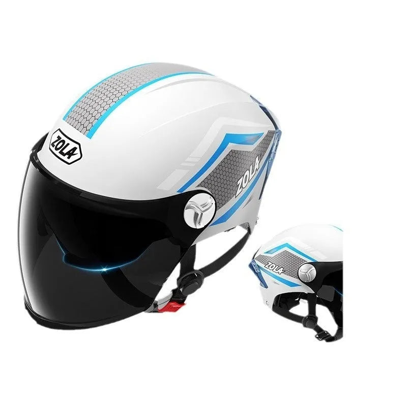 Children's light brown ABS motorcycle half helmet with a double mirror sun visor displayed on a white background.