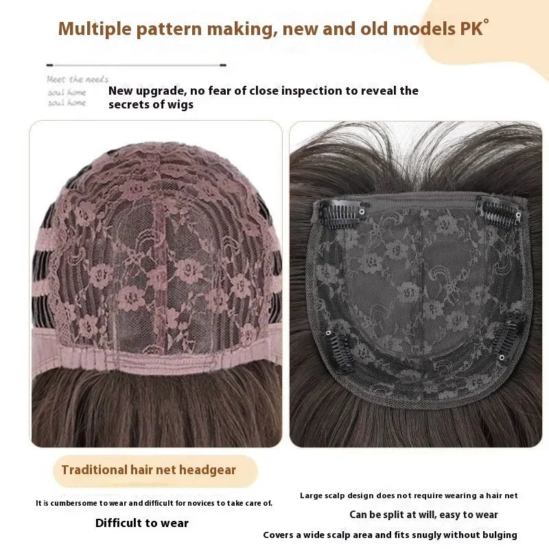 Black long straight high-layered full-head wig with built-in hair net for ladies.