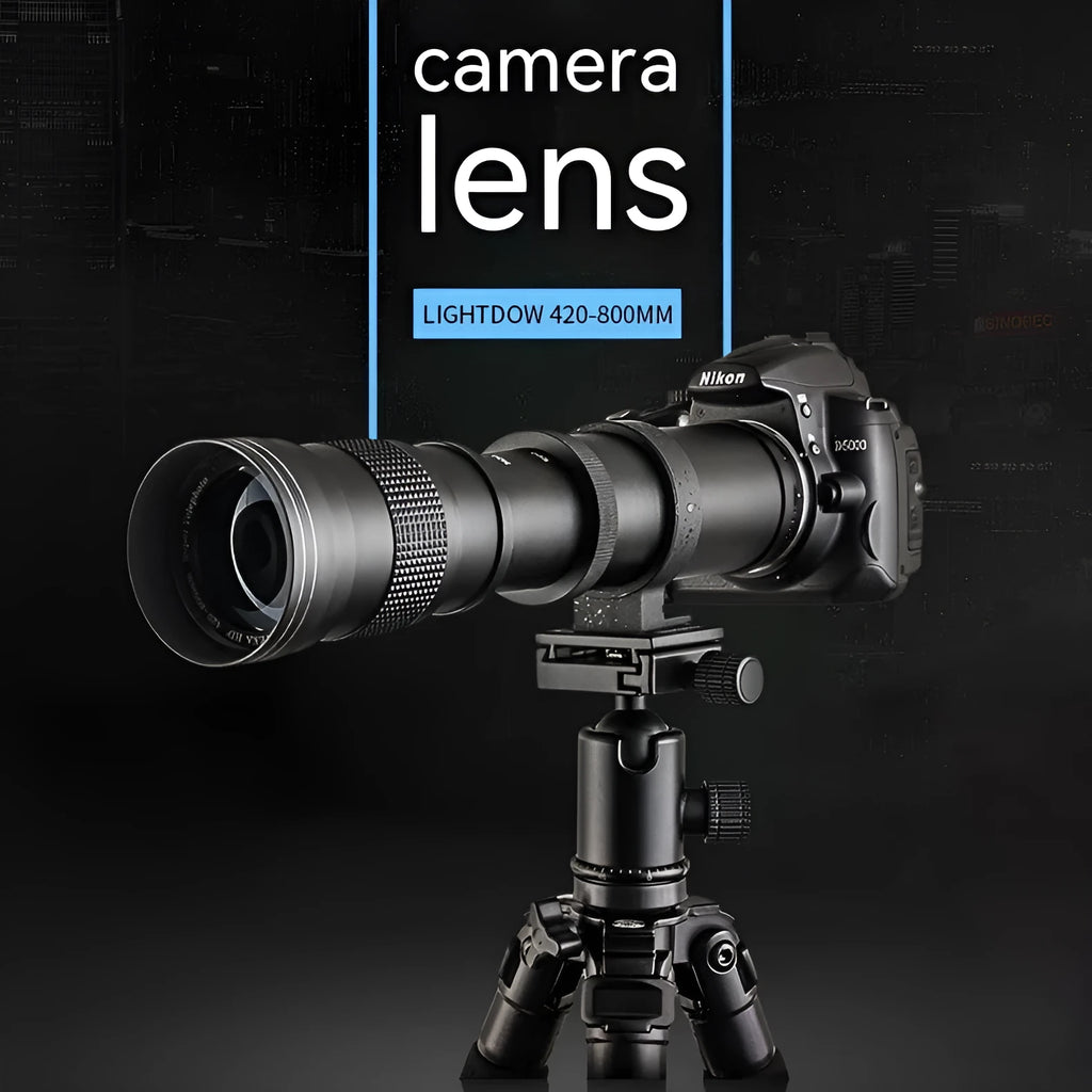 420-800mm manual telephoto zoom camera lens with T-mount adapter, shown at full extension.
