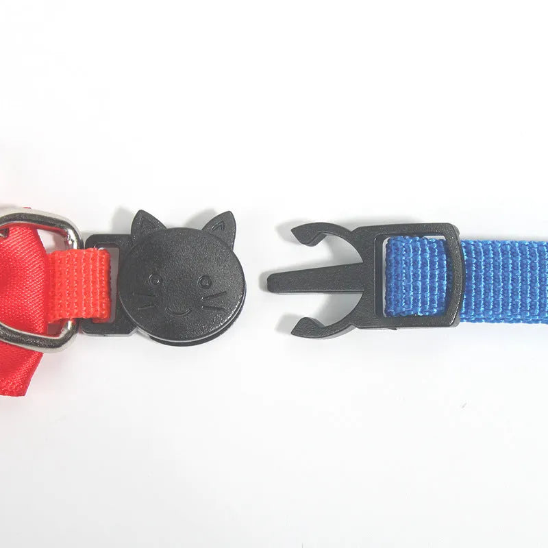 Multi-colour striped nylon bow collar with bell for cats on adjustable ribbon