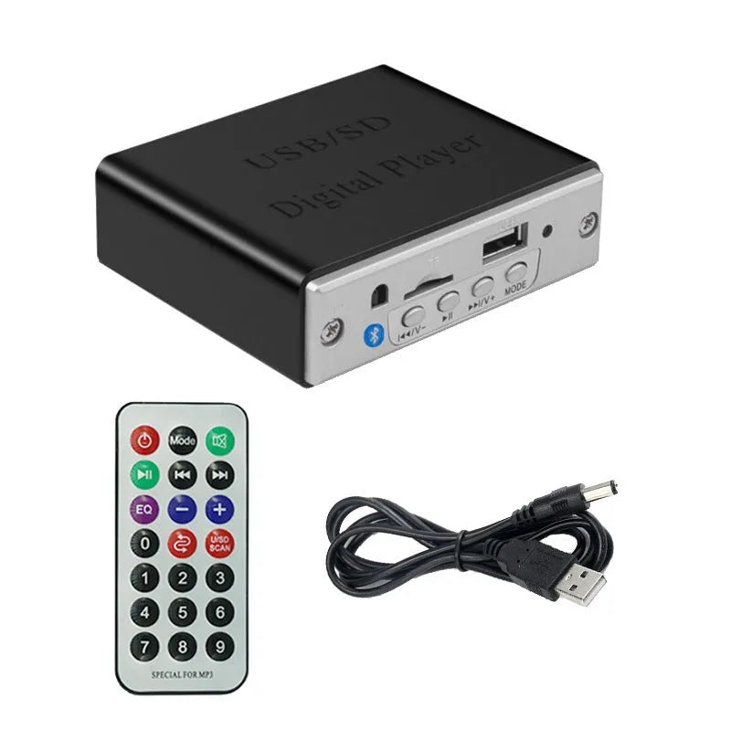 White 12V car Bluetooth MP3 decoder with TF card and USB ports, FM radio, and infrared remote control
