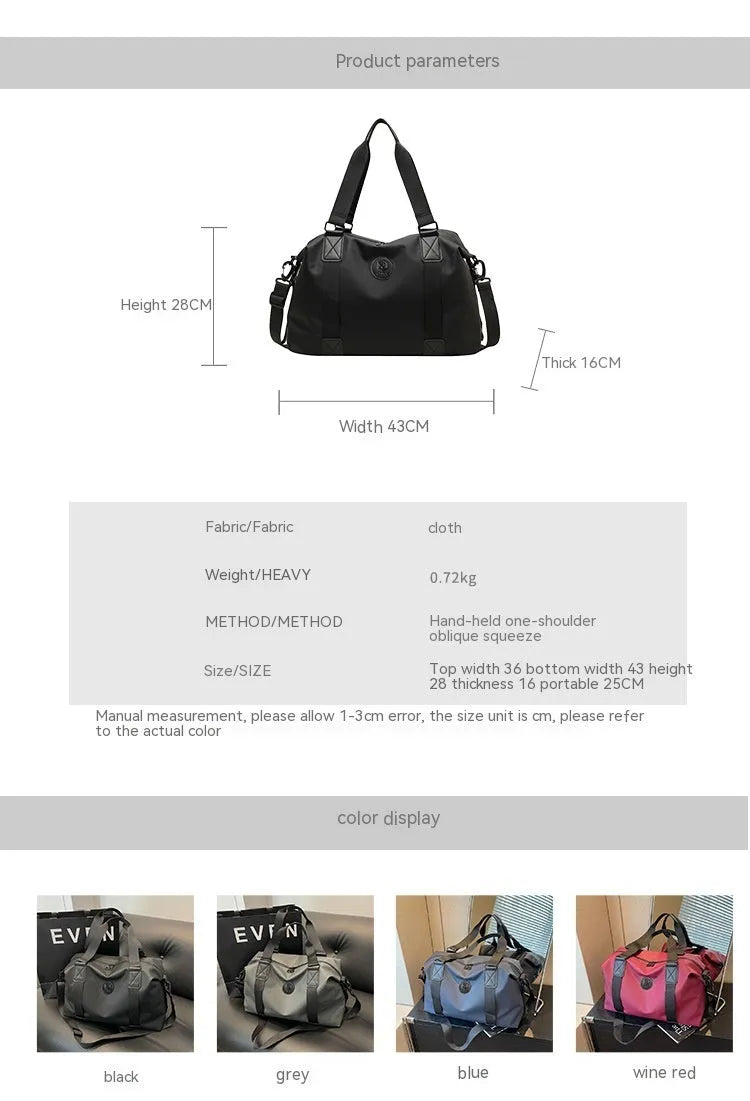 Oxford cloth travel bag in black with 36-55 litre capacity showing breathable back panel and organisational compartments