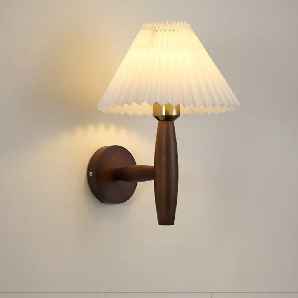 American retro wall lamp with walnut wood finish and fabric lampshade in tri-colour lighting option