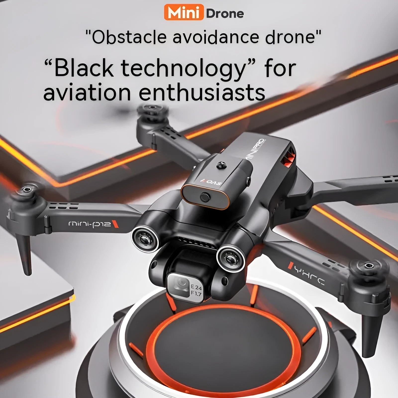 Black foldable quadcopter drone with four propellers and a mounted camera, shown next to its remote control.