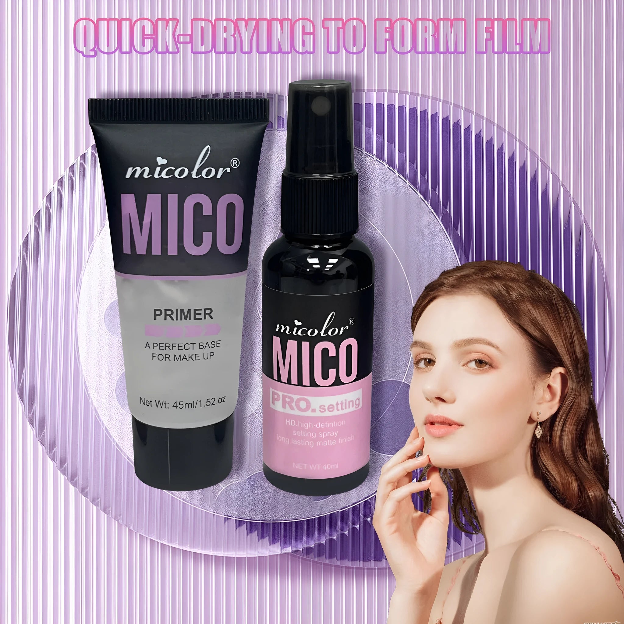 Makeup primer and setting spray duo with 45ml primer lotion and 40ml finishing spray