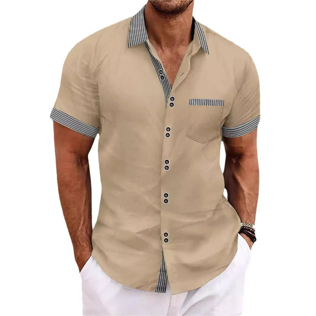 Men's slim fit striped short sleeve casual shirt in pure cotton on a hanger.