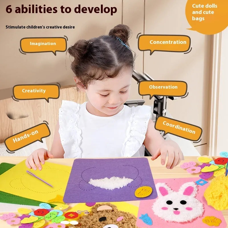 Children's DIY wool embroidery kit with cartoon animal design on 15cm cloth base