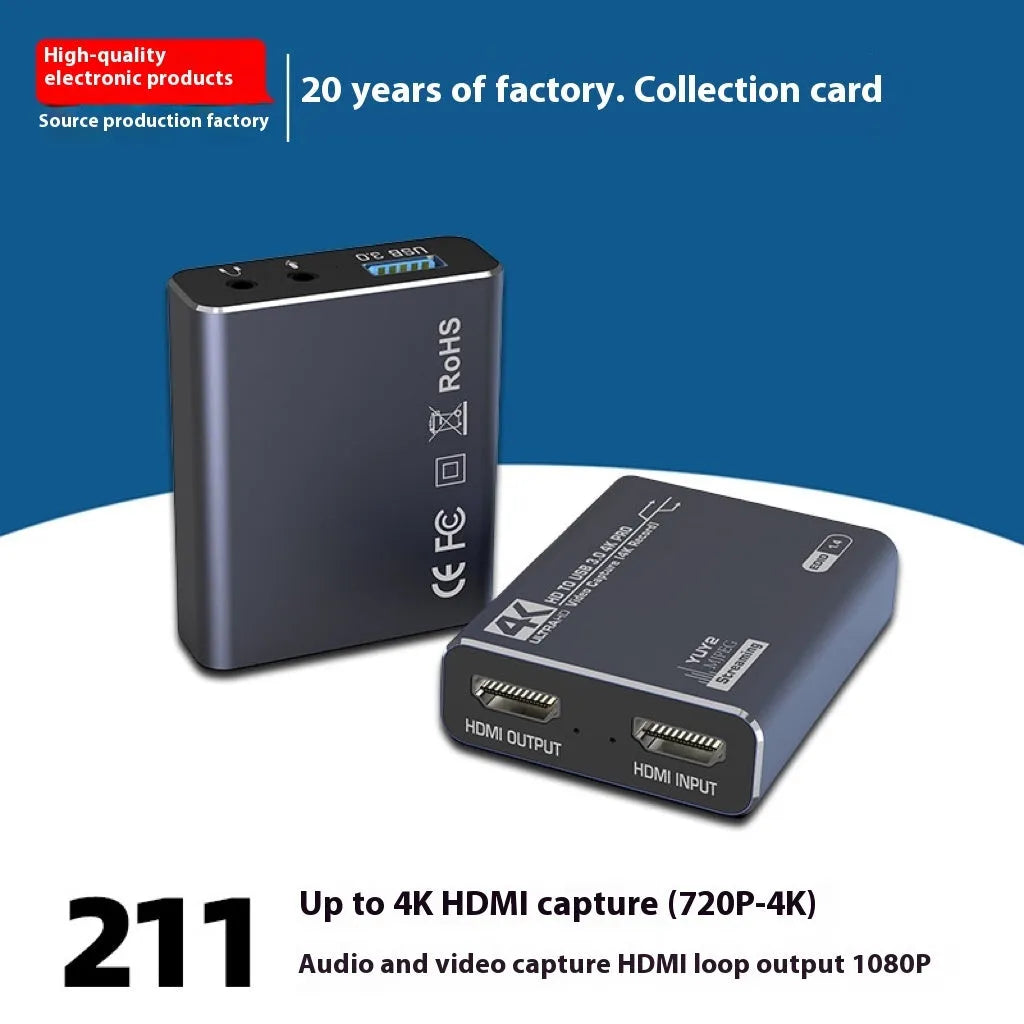 Black 4K gaming set-top box with MS2131 chip for 1080p output and audio recording