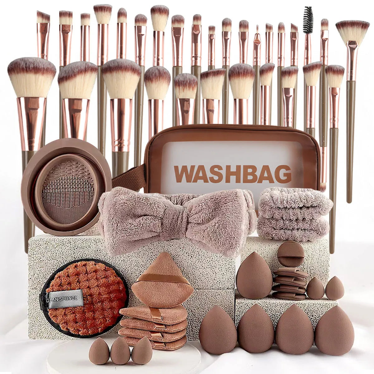 40-piece beauty tools major combination suit with hydrophilic non-latex face wash and makeup tools in Brown, Pink, Purple