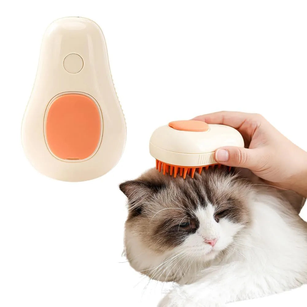Green and white cat steam brush with silicone teeth and water spray function for pet grooming