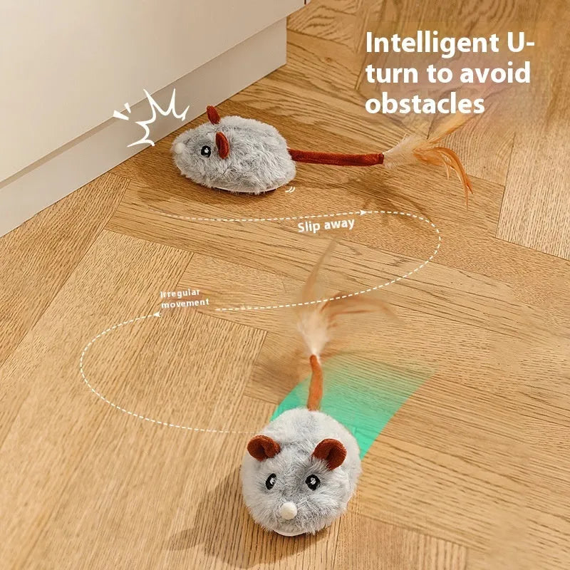 Self-moving electric plush mouse cat toy in pink with Type C charging port