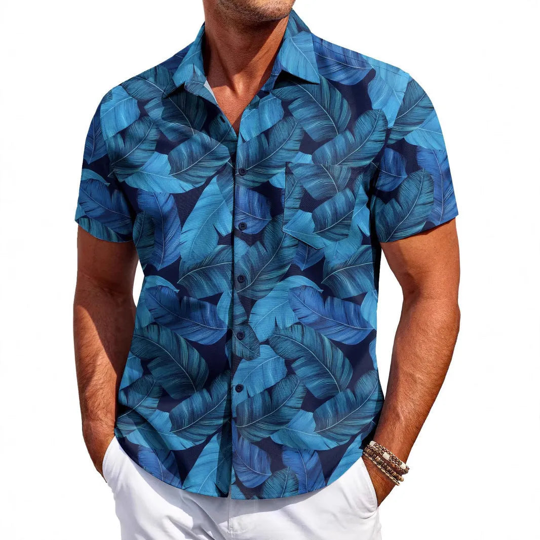Men's slim fit short sleeve Hawaiian shirt in four-sided elastic polyester fabric for summer.