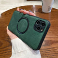 Black imitation leather magnetic charging phone case for iPhone showing back cover with magnetic ring