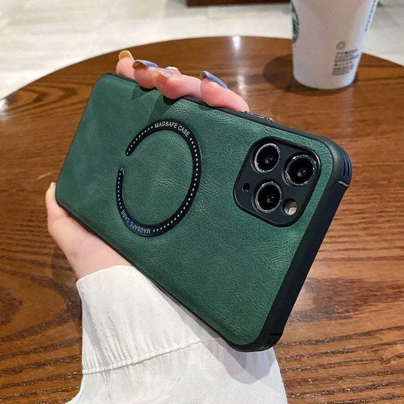 Black imitation leather magnetic charging phone case for iPhone showing back cover with magnetic ring