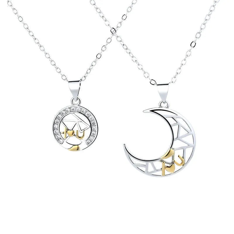 Sun and moon couple necklace set with copper pendants on cross chain