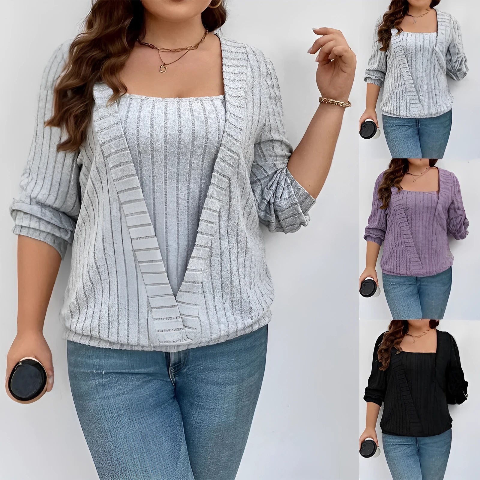 Loose fitting purple rib fabric V-neck long sleeve false two-piece suit on a hanger
