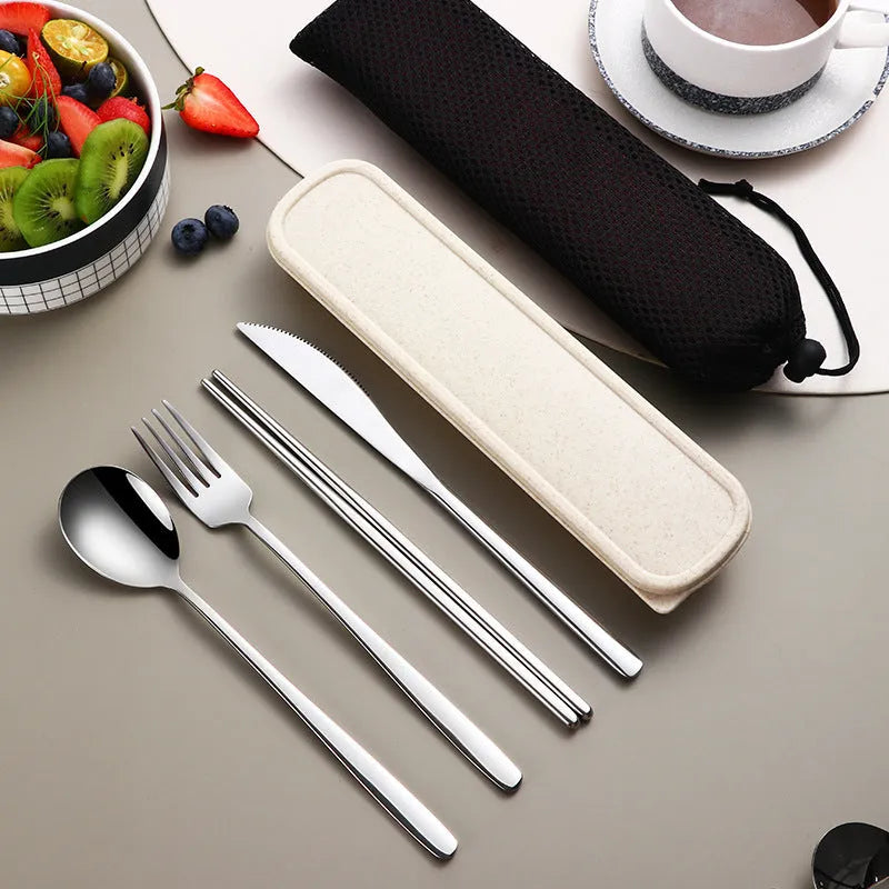 304 stainless steel portable cutlery set with knife fork spoon and gold mesh bag on table