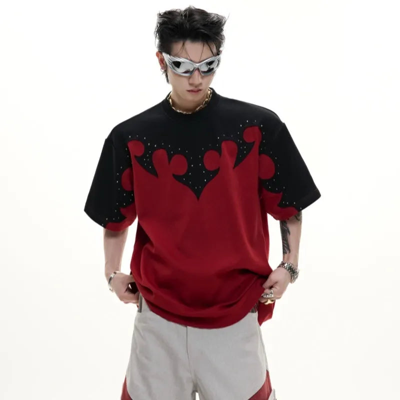 Men's cotton shirt with burnt flower embroidery and rhinestone detailing on chest, available in red, white, grey colours.