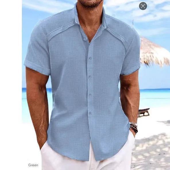 Hawaiian casual short sleeve solid colour shirt in cotton blend fabric, showing collage stitching details, available in multiple colours like Navy Blue