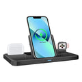 Three-in-one charging base for mobile phone and tablet, black ABS, with devices placed in the stand