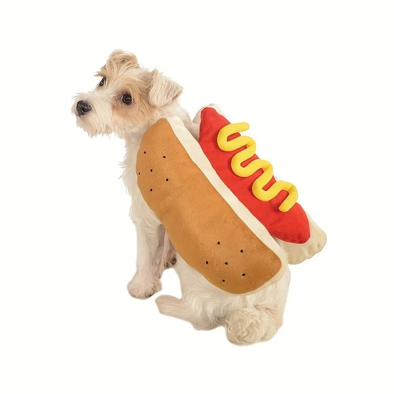 Red and brown plush hot dog costume on a small dog, showing velcro neck fastening.