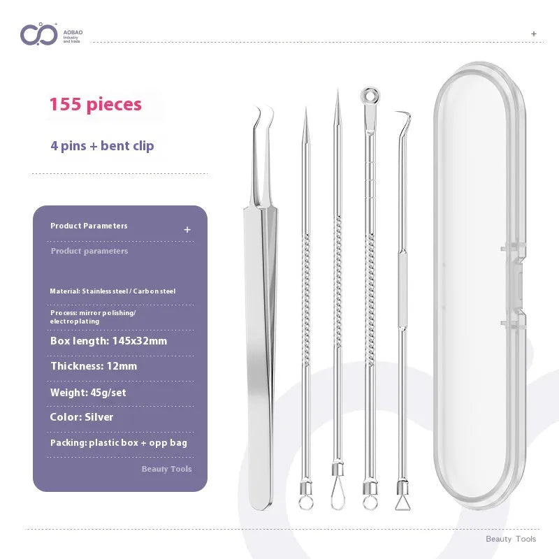 Four-piece stainless steel acne needle set with ultra-fine pointed tips and extraction clip on silver background