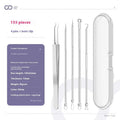 Four-piece stainless steel acne needle set with ultra-fine pointed tips and extraction clip on silver background